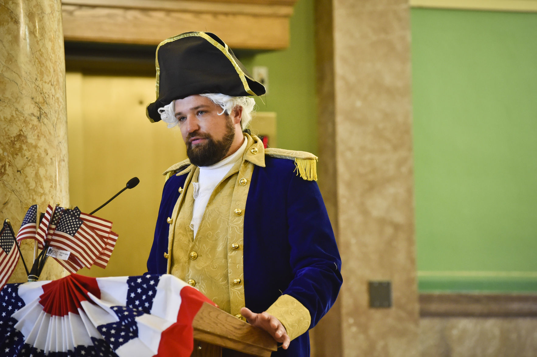 Tyler Campbell, dressed as George Washington